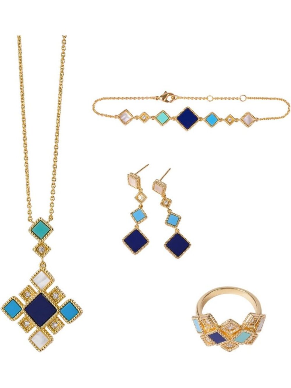 Boho Gold Plated Jewelry Set for Women - Turquoise & Mother of Pearl Inlay